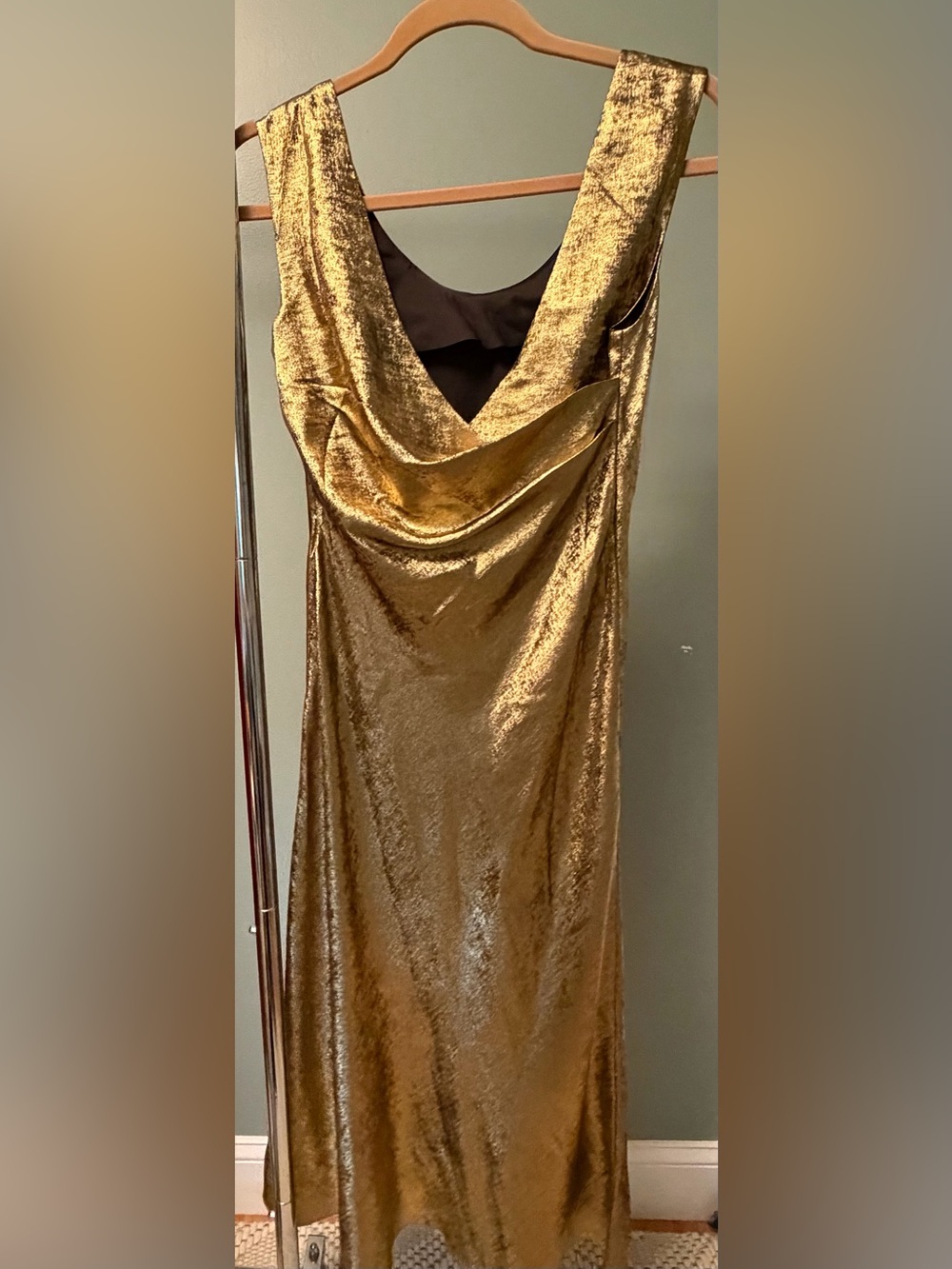 White House Black Market Metallic Gold Cowl Neck Maxi Dress